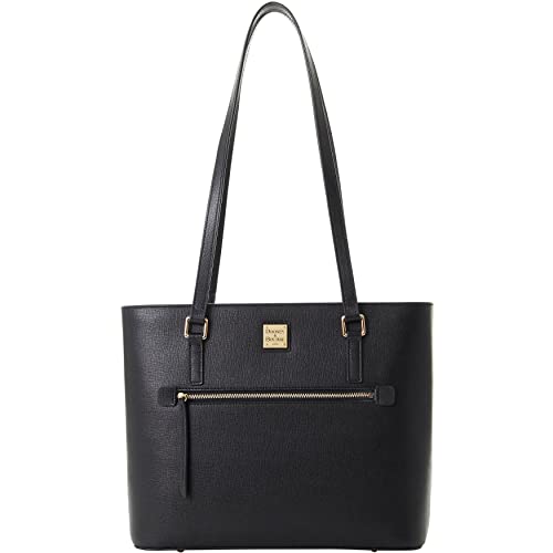Dooney & Bourke Tote Bags for Women, Saffiano Shopper Leather Tote Bag with Zipper and Long Shoulder Straps - Black