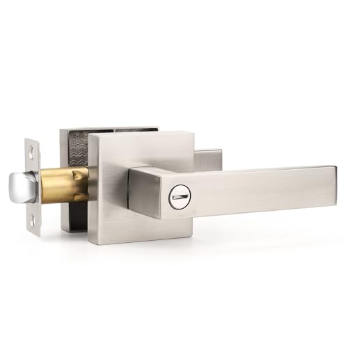 Gobrico 1 Pack Square Rose Privacy Door Lever,Satin Nickel Finished,Interior Door Lock for Bed/Bath