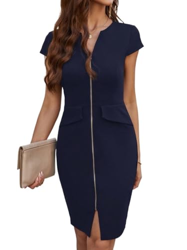 Women's Summer Solid Color Zip Front Dress With Sleeves High Waist For Women