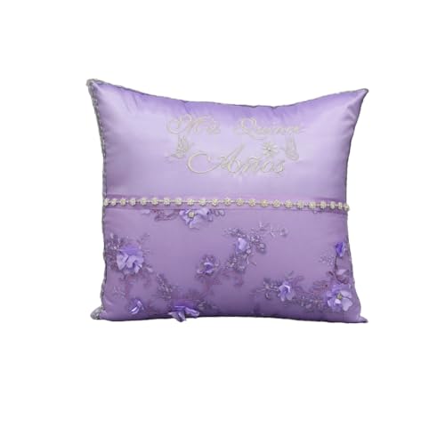 Quinceanera Kneeling Pillow embroidery in Lilac Silver Embroidered Lilac Quinceanera Kneeling Pillow Floral Design and Butterflies