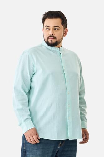 Image of SNITCH Men Casual Plus Size Shirt | Regular Fit Full Sleeve Mandarin Collar Striped Design | Premium Cotton Linen Blend & Breathable Fabric for Office & Everyday Wear