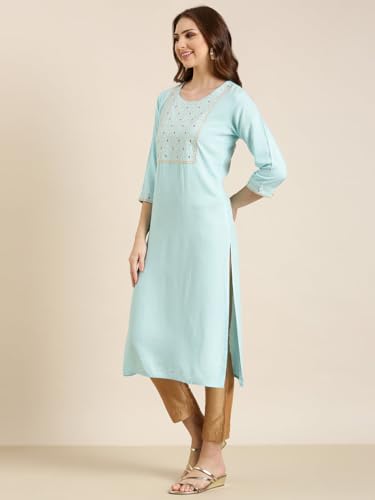 Image of SHOWOFFFF Women Solid Straight Ethnic Kurta | Round Neck 3 /4th Sleeves Cotton Kurta for Womens | Regular Fit Calf Length Kurta for Women's