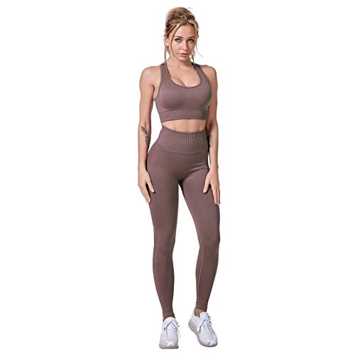 Jamron Donna Set di Abbigliamento Yoga Reggiseno Sportivo+Leggings 2 Pezzi Tuta Sportiva Palestra Fitness Activewear Cachi SN071202 M