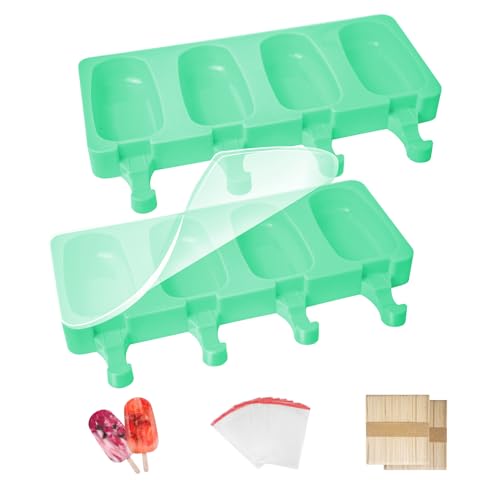 Lot de 2 Moules a Glace Silicone, Antiadhésifs Moule Pop Cake Avec Couvercle Silicone, 100 Batonnet En Bois et 50 Sacs de Glace, Sans BPA, Vert