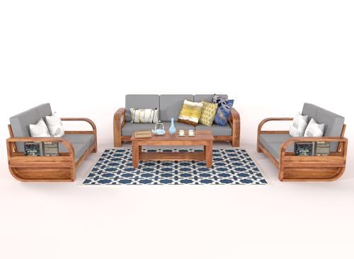 Image of Wooden 7 Seater Sofa Set for Living Room | Seven Seater Sofa for Office & Lounge | 3+2+2 Seater Sofa Sets for Home | Sheesham Wood (Honey Finish)