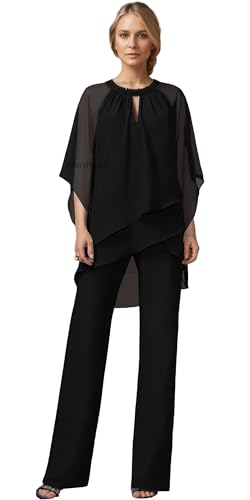 2-Piece Mother of The Bride Pants Suits Plus Size Summer Scoop Neck Black Wedding Guest Pant Suits for Women Casual Dressy US16