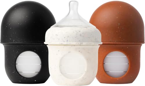 Image of Boon Nursh Reusable Silicone Pouch Baby Bottles - Slow Flow Nipple - Silicone Baby Bottle Pouch and Nipple - Baby Feeding Essentials - Speckle - 0-3 Months - 3 Count - 4 Ounce (Pack of 12)