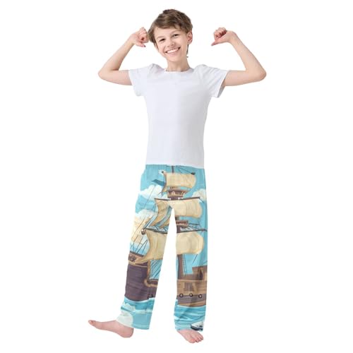 ZZXXB Pirate Ship Pattern Boys Long Pants Soft Trousers Elastic Waist Kids Lounge Bottoms with Pockets S-XL3