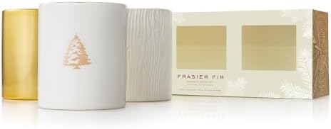 Thymes Frasier Fir Votive Candles - Gilded Collection - Crisp Just-Cut Forest Fragrance - Set of Three Holiday Candles - Wood Grain, Gold, and White - Gifts for Women & Men (3 oz Each, Pack of 3)