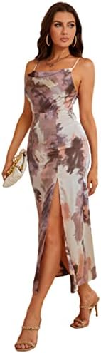 Capuffy Women's Sexy Backless Side Slit Satin Maxi Dress Spaghetti Straps Cowl Neck Wedding Party Formal Dresses C077(Pink Tie Dye,Xs)