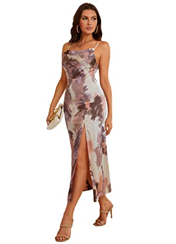 Capuffy Women's Sexy Backless Side Slit Satin Maxi Dress Spaghetti Straps Cowl Neck Wedding Party Formal Dresses C077(Pink Tie Dye,Xs) #TOP2
