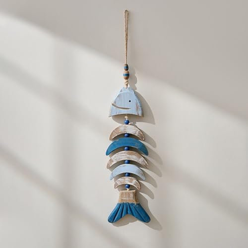 Pendentif brochette de poisson décor boisé pour mur nautique suspendu