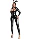 FEOYA Overall Bodysuit für Damen Sexy Damen Latex Catsuit Ouvert Reißverschluss Bodysuit Wetlook Jumpsuit Langarm Sexy Latex PU Schnürung V-Ausschnitt Nachtwäsche D-Schwarz 3XL