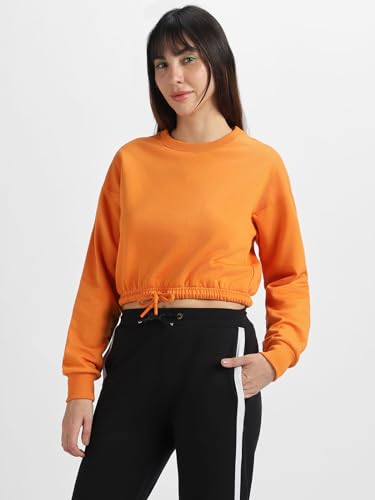 Image of JUNEBERRY Cotton Poly Fleece Regular Fit Pink, Purple Green & Orange Solid Full Sleeve Sweatshirt for Women