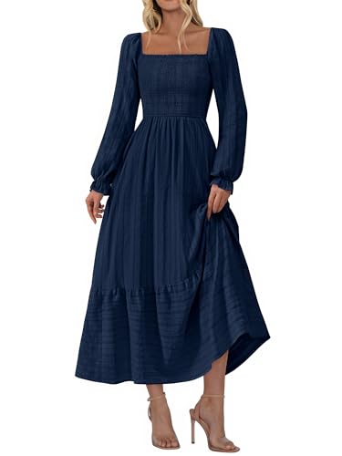 BTFBM Women Maxi Fall Dresses 2025 Long Sleeve Solid Color Square Neck Smocked Boho Long Wedding Guest Dress(Navy,Large)