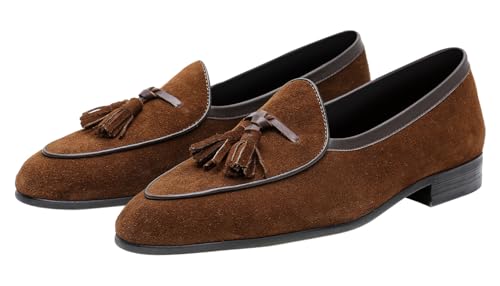 Santimon Men's Suede Tassel Loafers - Slip-On Dress Shoes for Casual, Business, Wedding & Prom - Modern Penny Loafers for Suits & Tuxedos