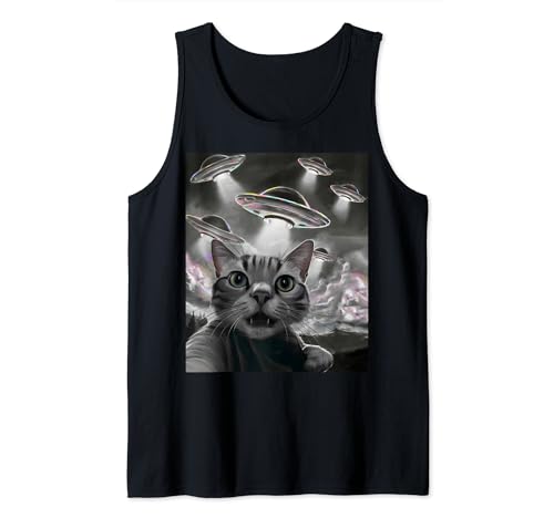Cat UFO Meme Sorprendido Gato Asustado Selfie Camiseta sin Mangas