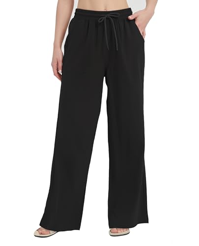 Womens Rayon Linen Wide Leg Casual Pants with Pockets Summer Breathable Palazzo Trousers for Women S M L XL