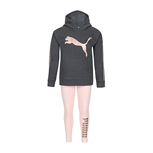 PUMA Girls' Fleece Pullover Hoodie & Legging Set, Black Heather, Large