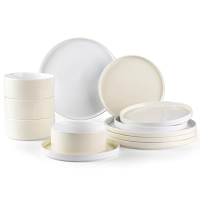 AmorArc Ceramic Dinnerware Sets of 4, Modern Stoneware Plates and Bowls Sets,Chip and Crack Resistant | Dishwasher & Microwave Safe Ceramic Dishes Set,Service for 4 (12pc)-White&Beige