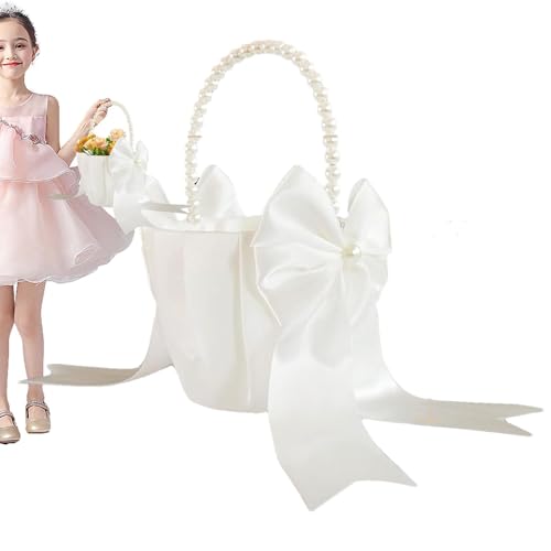 Pearl Flower Girl Basket | Satin White Western Rustic Bowknot Wedding Basket | Foldable White Western Satin Wedding Bowknot Baskets For Ring Box