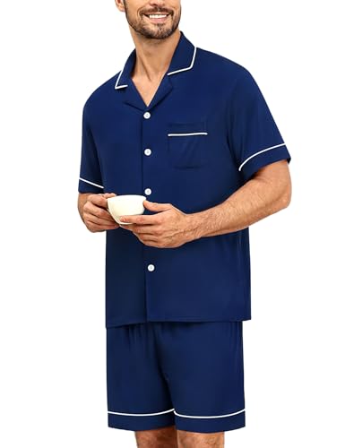 Image of SWOMOG Mens Pajama Sets Short Sleeve Sleepwear Button Down Loungewear Soft Modal Lounge Pjs with Pockets S-XXL
