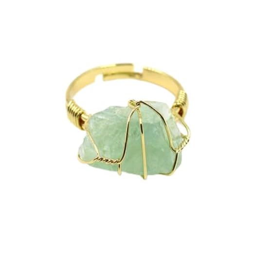 Healing Chakra Crystal Ring Natural Crystal Original Stone Ring Amorphous Crystal Ring Fashion Wire Wrap Natural Rock Rings Personalized Opening Adjustable Ring-Green Fluorite