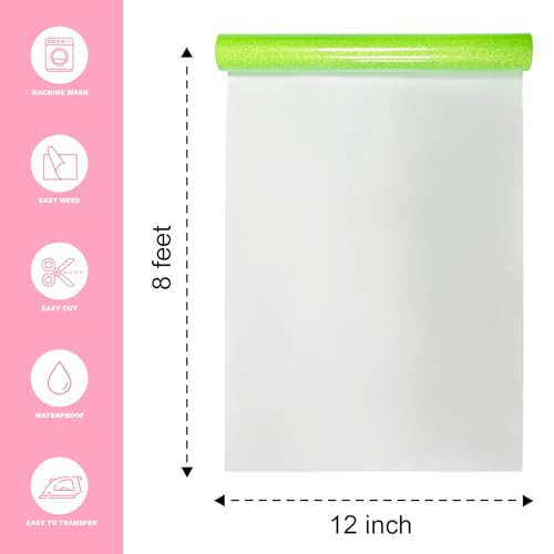 Image of Neon Green Heat Transfer Vinyl 12 inch x 8 ft HTV for Shirts, Glitter HTV for All Cutter Machine - Easy to Cut & Weed for Heat Vinyl Design (Neon Green)