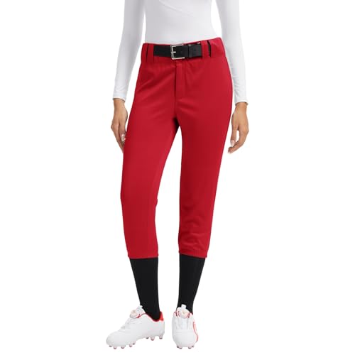 QBK Womens Softball Pants with Dual-Layer Knee - Lightweight Quick Dry Baseball Pants for Woman Adults Tweeners(Red S)