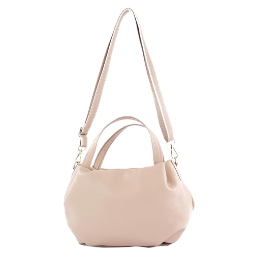 modamoda de T218 Damen Leder Henkeltasche Tragetasche Schultertasche handmade in Italy, Farbe:Rosabeige/Metall Gold