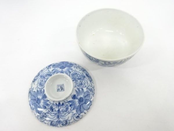 古伊万里 染付 線描き花唐草蓋碗3客揃 道