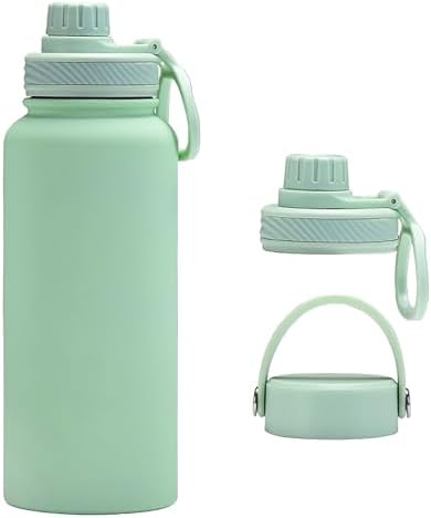 Mint Green 32 oz Insulated Water Bottle, Large Metal Stainless Steel Water Flask, Big Sports Travel Mens Water Bottle for Gym,Hiking,1 liters Leakproof Insulated Thermal Bottle with 2 Lids