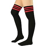 Zando Women Over Knee Stockings Thin Striped Casual Long Athlete Cosplay Kawaii Football 1 Pair Black Red