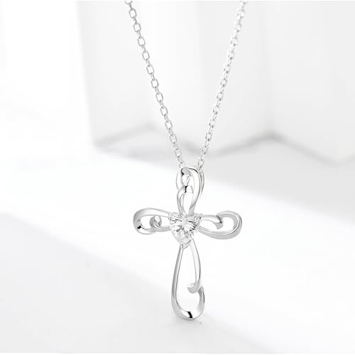 Sterling Silver Cross Necklace for Women Twisted Crucifix Pendant with Heart-Shaped Zirconia Birthday Gift3