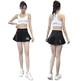 Falda corta deportiva Falsa de dos piezas Anti-Light Casual Yoga Fitness Running Falda de tenis de secado rápido Falda con múltiples bolsillos Pantalones,Black-S