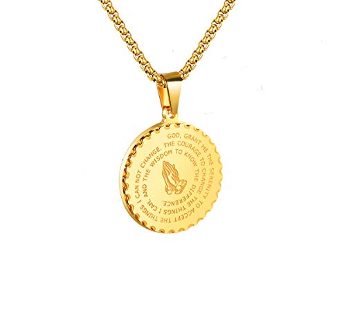 BEAUTY CHARM Bible Verse Prayer Necklace with Free Chain Christian Jewelry Gold Stainless Steel Praying Hands Coin Medal Pendant for Men Women