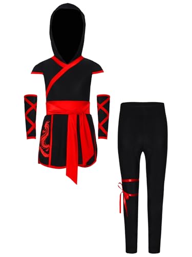 Miutii 3 piezas. Ropa infantil ninja para niños y niñas, vestido ninja japonés, parte superior + pantalones + guantes, Halloween, carnaval, fiestas temáticas, color rojo, 98 – 104