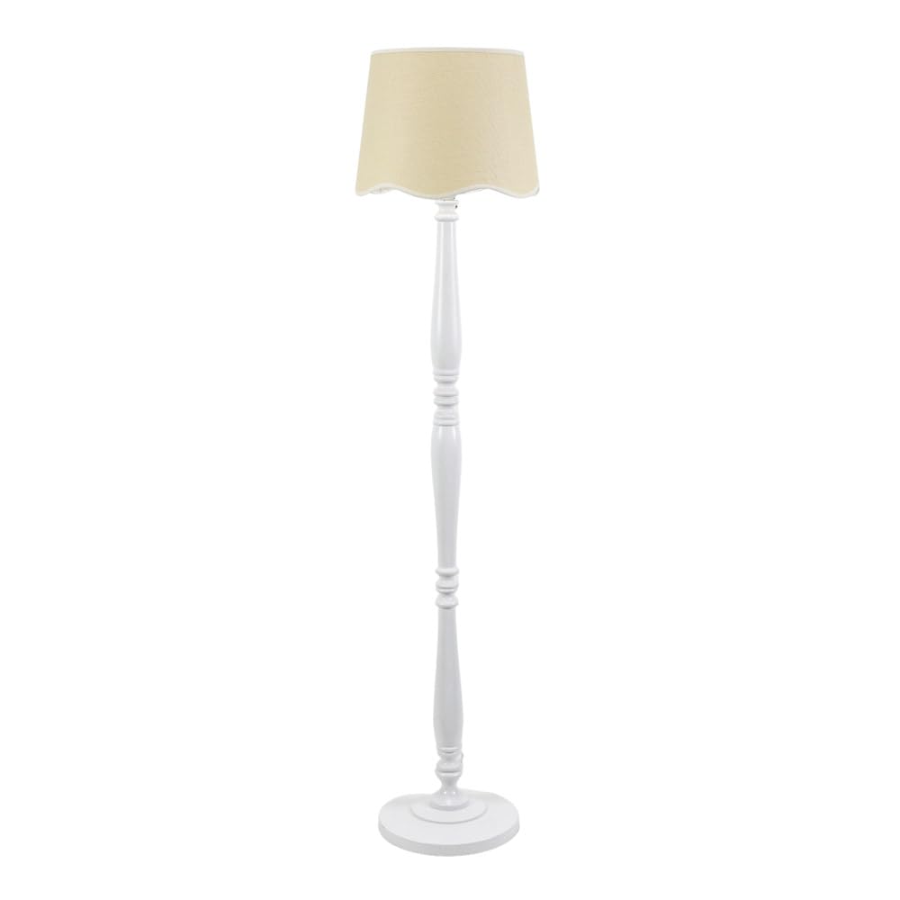 Victoria White Wood Floor Lamp - Linen Scallop Trim Tapered Shade - Includes Bulb