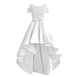 Lowime Women's Satin High Low Dresses Lace Appliqué Off The Shoulder Tea Length Cocktail Dress 16W White