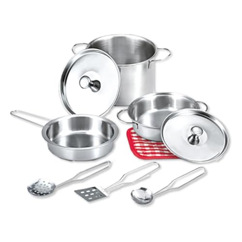 JugaToys - Accesorios de cocina infantil - Juguete menaje cocina de metal - 9 piezas - Para cocinita infantil - Juego de rol chef - Juego ollas y sartenes - Utensilios de cocina para niños de + 3 años