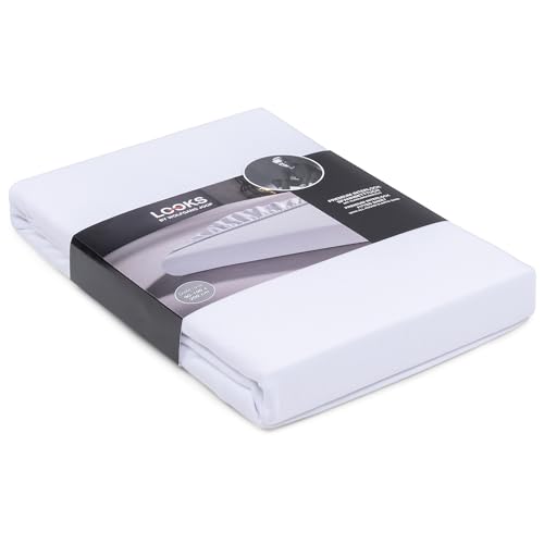 LOOKS by Wolfgang Joop Premium Spannbettlaken 90x200-100x200 cm - Interlook 100% Baumwolle, dick, weich & angenehm, 180 g/m², Matratzenhöhe bis 25 cm, Spannbettuch weiß