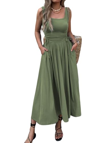 Image of Mieazom Women's Boho Summer Maxi Dress with Pockets, Adjustable Waist, Sleeveless Casual Ruched Sundress for Beach Vacation