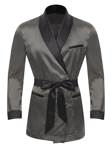 easyforever Men's Smoking Jacket Silky Satin Long Sleeve Open Front Kimono Bathrobe with Belts3