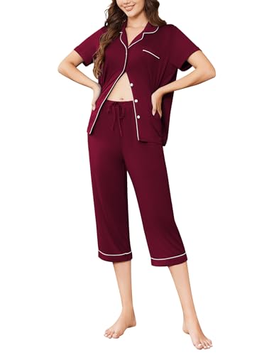Image of Ekouaer Capri Pajamas for Women Short Sleeve Button Down Sleepwear Comfy Lounge Set 2-Piece Pants Pjs | Capri Pants With Pockets,Chest Pocket,Notch Collar,Contrast Pipings,Sleepwear For Home Loungwear,Wedding,Party&Breastfeeding