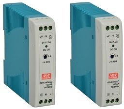 MEAN WELL MDR-20-24 AC to DC DIN-Rail Power Supply, 24V, 1 Amp, 24W, 1.5" 2-Pack