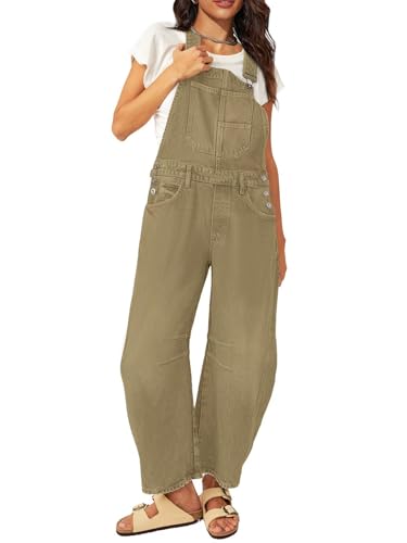 MAOECO Barrel Overalls for Women Denim Jumpsuits Bib Casual Loose Baggy Jeans Pants Adjustable Strap Wide Leg Romper with Pockets Army S