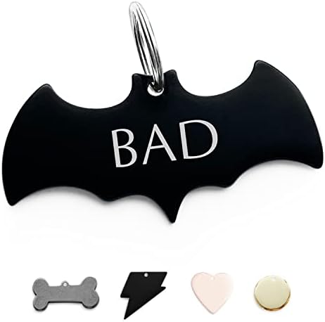 316 Surgical Grade Stainless Steel Cat Dog ID Tag for Sports Outdoor Pet Nameplate Personalized Fun Shapes Bat Black and Silver