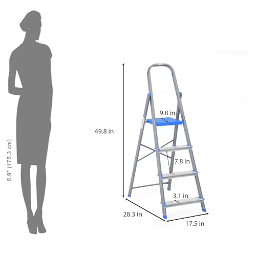 Image of Nilkamal Rise 4 Step Heavy Duty Steel Ladder with Aluminium Steps | for Home Use | Climb Easy Anti-Slip Steps | Secure Safety Clutch Lock | 150 kg Capacity | 1 Year Warranty