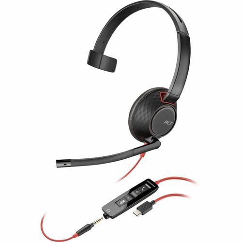 Poly Blackwire C5210 USB-C Headset + Inline Cable TAA - Mono - USB Type C, Mini-phone (3.5mm) - Wired - 32 Ohm - 20 Hz - 20 kHz - Over-the-head - Monaural - 7.10 ft Cable - Noise Canceling - Black - T