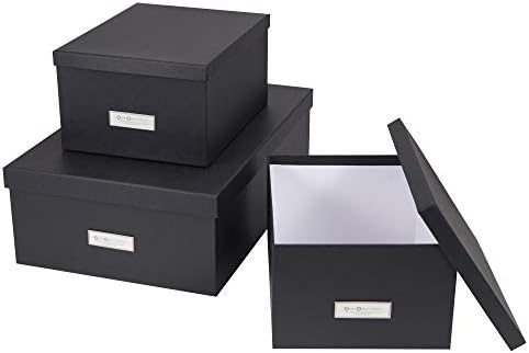 Bigso Box of Sweden Set of 3 Storage Boxes with Lids - Organiser Box For Clothes, Office Equipment and More - Wardrobe Storage Boxes with Labels for Bedding or Seasonal Clothing - Grey
